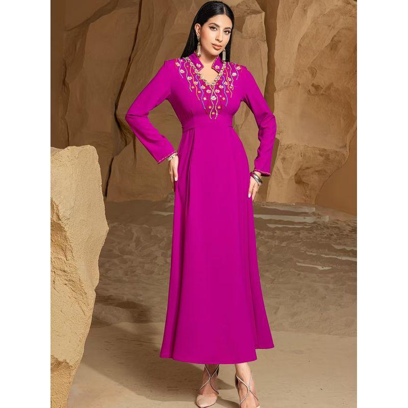 

New Arrival Middle East Dubai Hand-Stitched Pearl Embroidery Party Dress Dress Nail Bead Lace up Dress Magenta 2XL