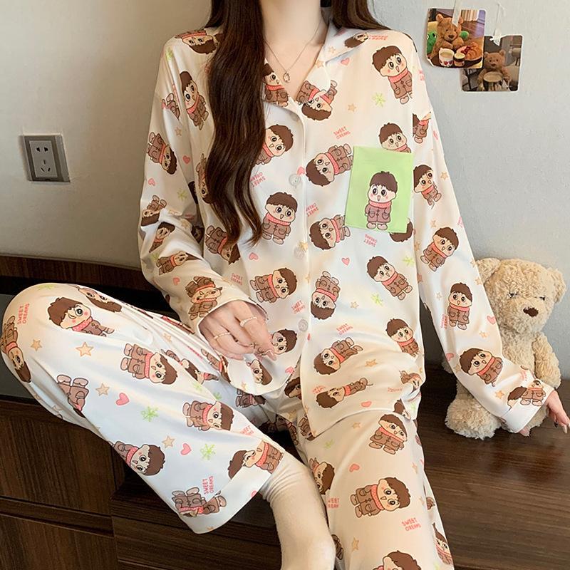 Imitation cotton ins style bow pajamas women's spring new fashion lazy long-sleeved loungewear two-piece set