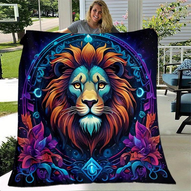 1pc Lion Printing Lightweight Flannel Blanket, Comfortable and Warm Blanket, for Camping Sofa Bed and Couch Office, Gift