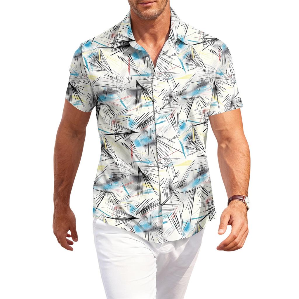 Men's Casual Loose Fit Short Sleeve Hawaiian Shirt Lightweight Breathable Button Down Beach Shirt with Tropical Palm Tree and Shell Print