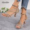 Elegant Women Wedding Party Prom Shoes Crystal Rhinestone Narrow Band Open Toe Thin High Heels Gladiator Sandals