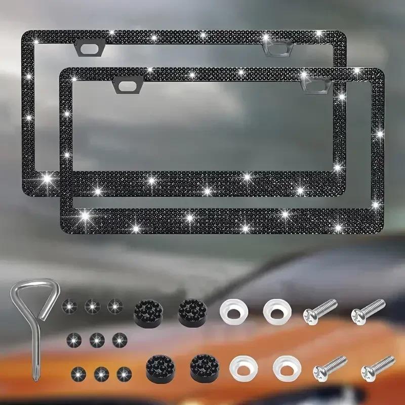 1/2pcs Bling Crystal License Plate Frame Luxury Car Frame Plate with Button Diamond Car License Plate Frame Cover for Women