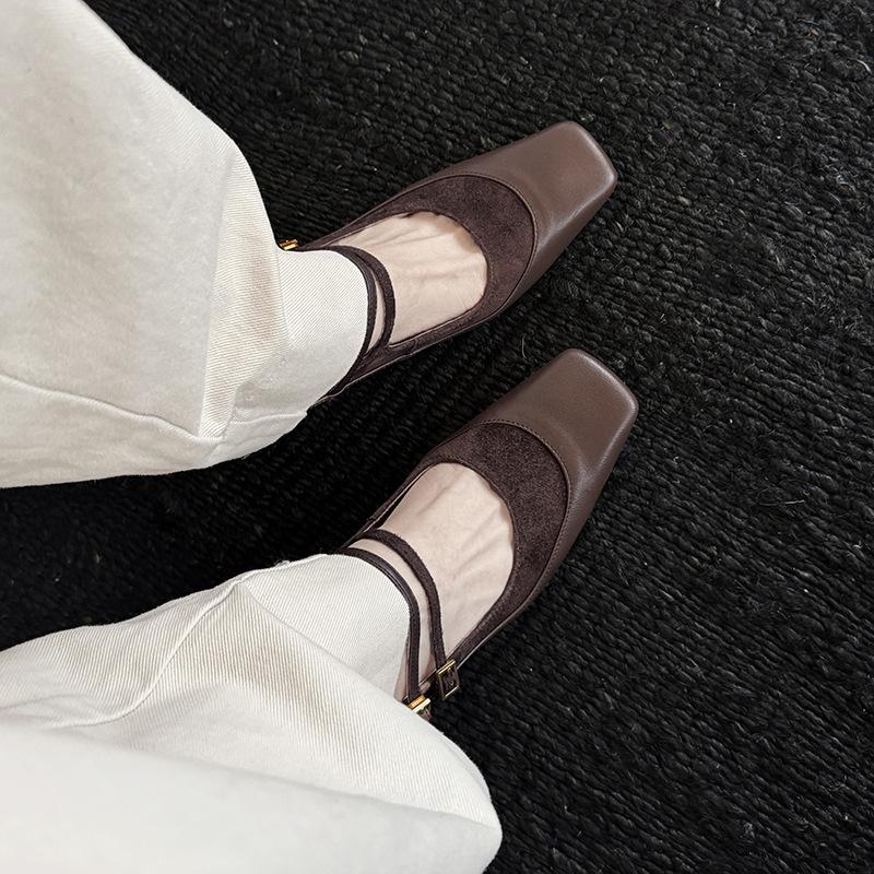 Kara Women's Shoes~ Black Professional High Heels Versatile Splicing Square Head Mary Jane Women's Shoes Double-breasted Thick Heel Single Shoes