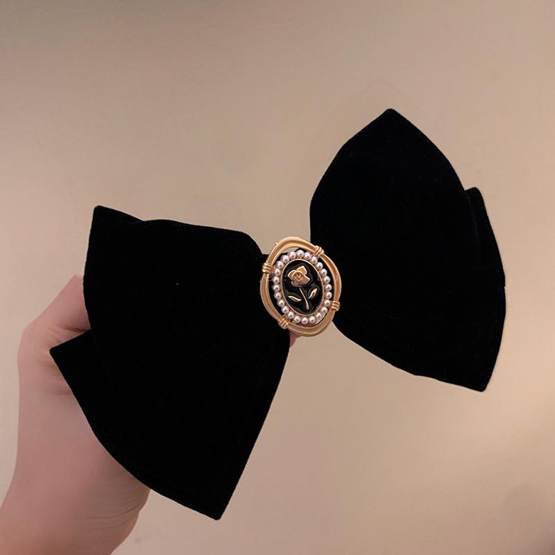 Black Velvet Rose Bow Hair Clip for Women's Elegant Ponytail Clip Fashion Hair Accessory