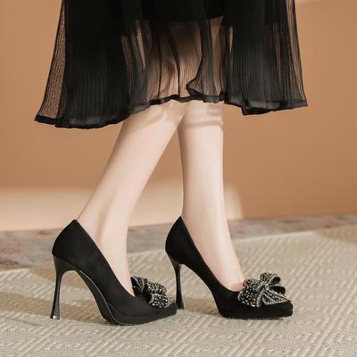 Bow Rhinestone Black Suede High Heels Socialite Temperament Shallow Mouth Thin Heel Not Tired Feet Single Shoes Waterproof Table