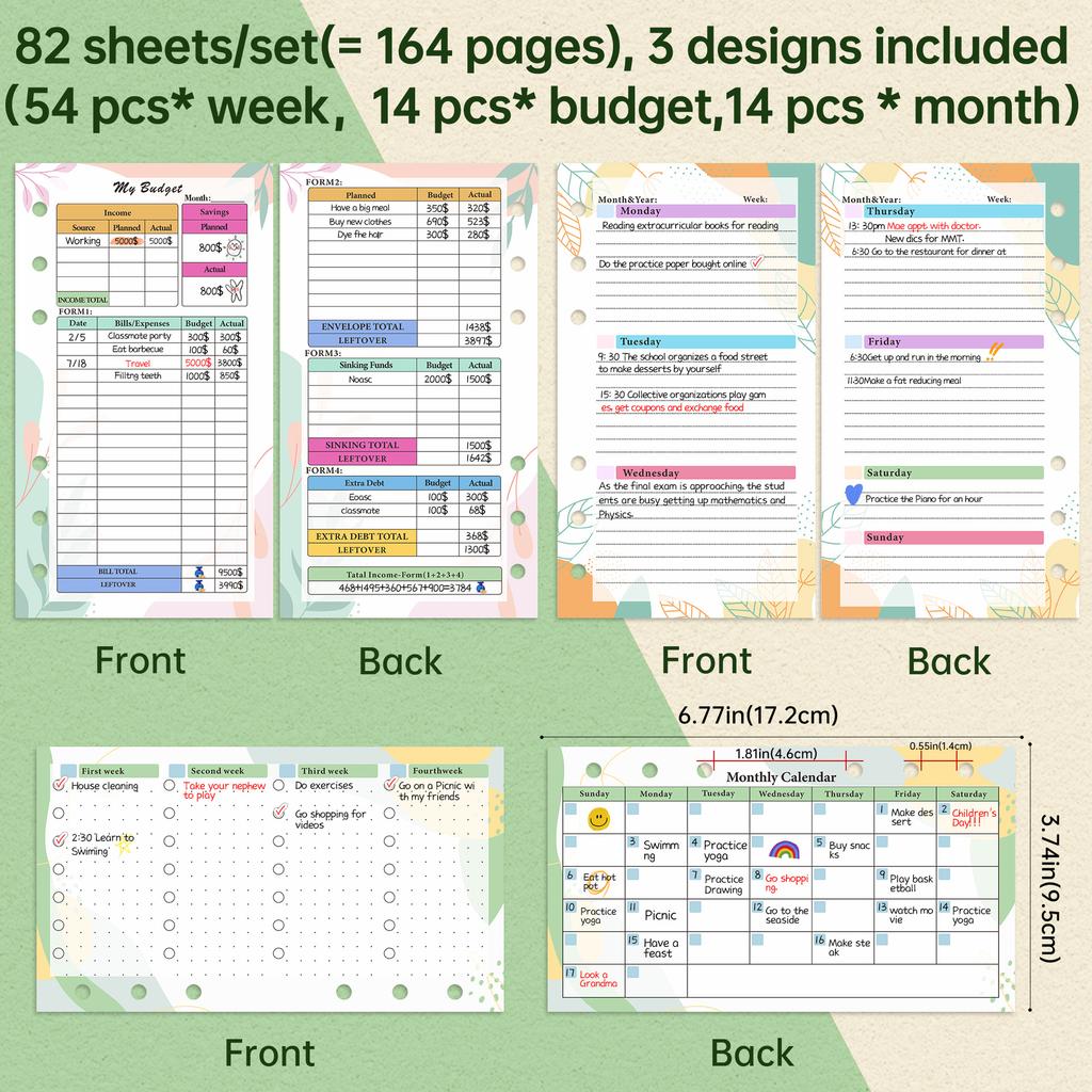 A6 Colorful Loose Leaf Notebook Refill Spiral Binder Inner Page Budget Page Weekly Monthly Inside Paper Stationery