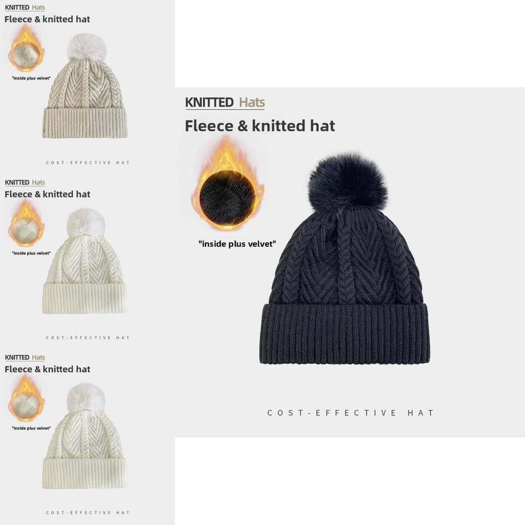 Knitted Winter Hat For Women With Solid Color Design And Plush Ball Decoration