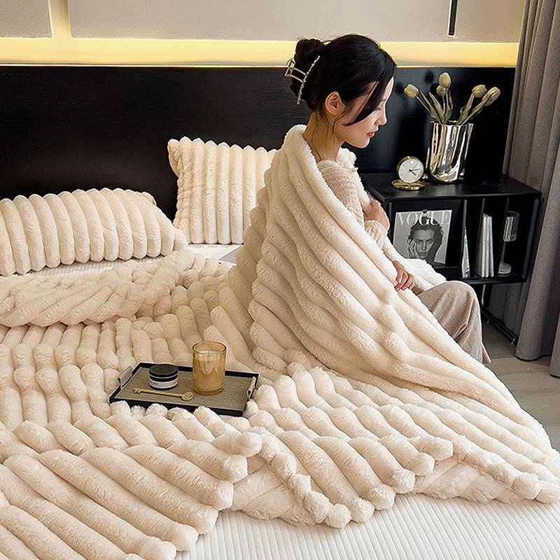 Ultra Soft Faux Rabbit Fur Throw Blanket Warm Plush Striped Blankets Conditioning Quilt Fluffy Throws For Couch Chair Sofa