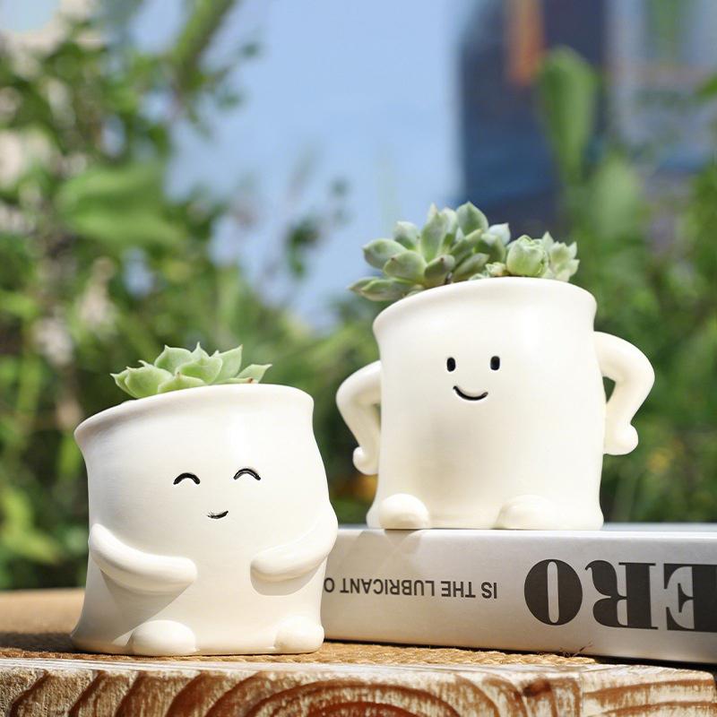 Smiley Face Mini Plant Pot Resin Succulent Planter for Home Office Desk Decorative Ornament Fairy Garden Flowerpot Decoration