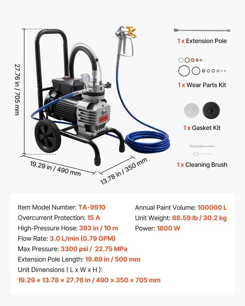Diaphragm Airless Paint Sprayer, 1800 W Efficient Cart Airless Paint Sprayer, 3300 Psi High Pressure, with Extension Pole, Cleaning Needle and Brush,