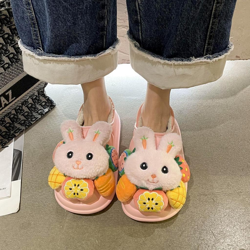 High-value thermal shoes cute rabbit cotton drag women's 2025 winter new cute bag head plush cotton slippers women's outer wear