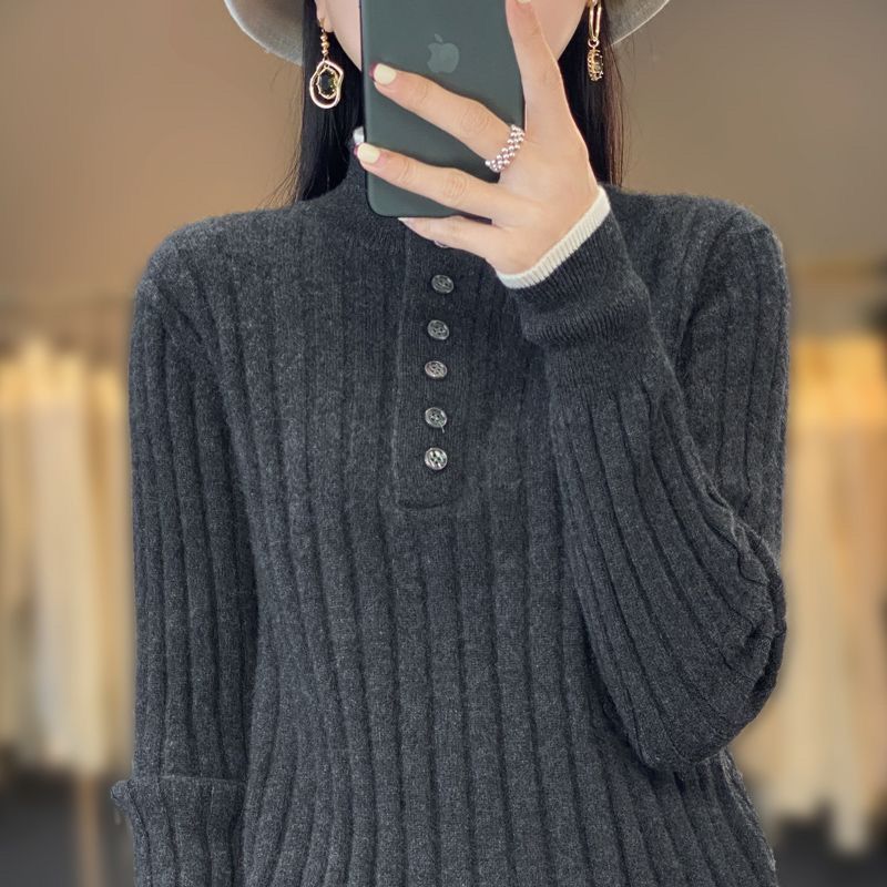 Women Autumn Winter Wool Blend Sweater Polo Collar Tailored Cardigan New Fashion Casual Knitted Loose Soft Jacket Bottom Top