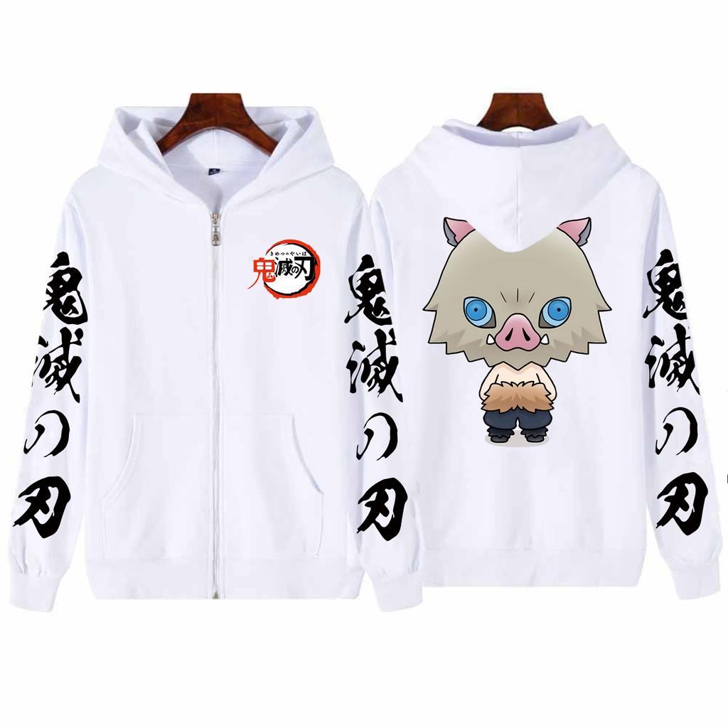 Anime Demon Slayer Hashibira Inosuke Hanorace unisex cu fermoar Kawaii Desene animate imprimate Topuri cu glugă Femei Bărbați Casual Jachetă caldă cu fermoar