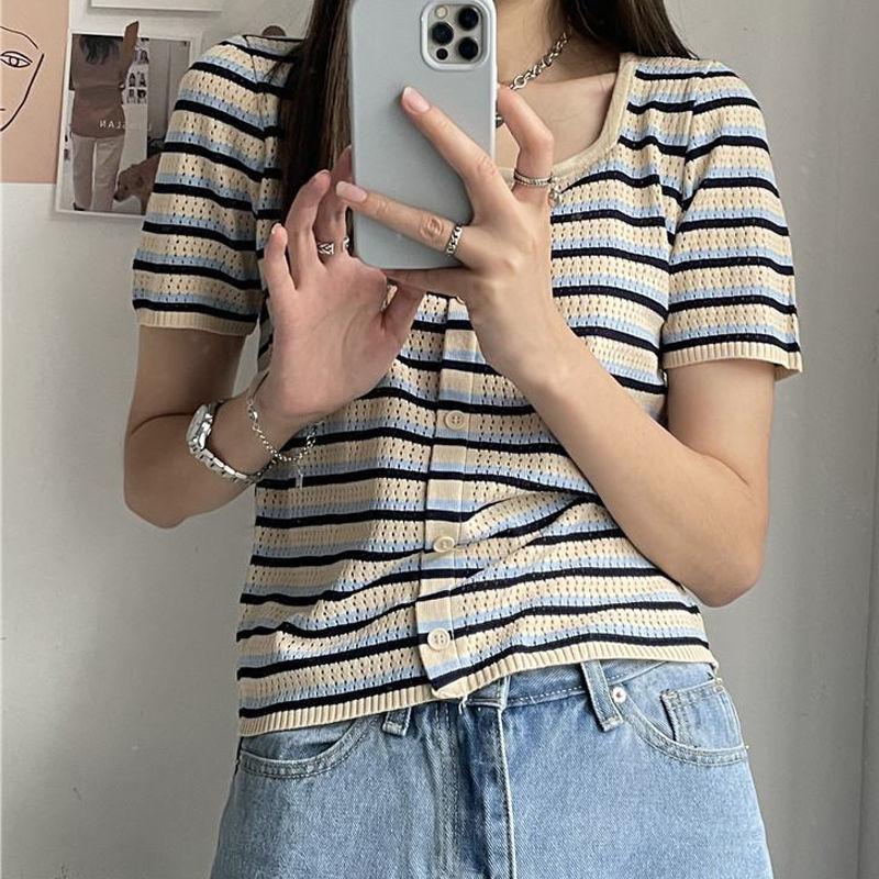 

Большой размер, женская корейская версия, свободный полосатый трикотажный топ, летняя студенческая универсальная футболка с короткими рукавами XL абрикосовый