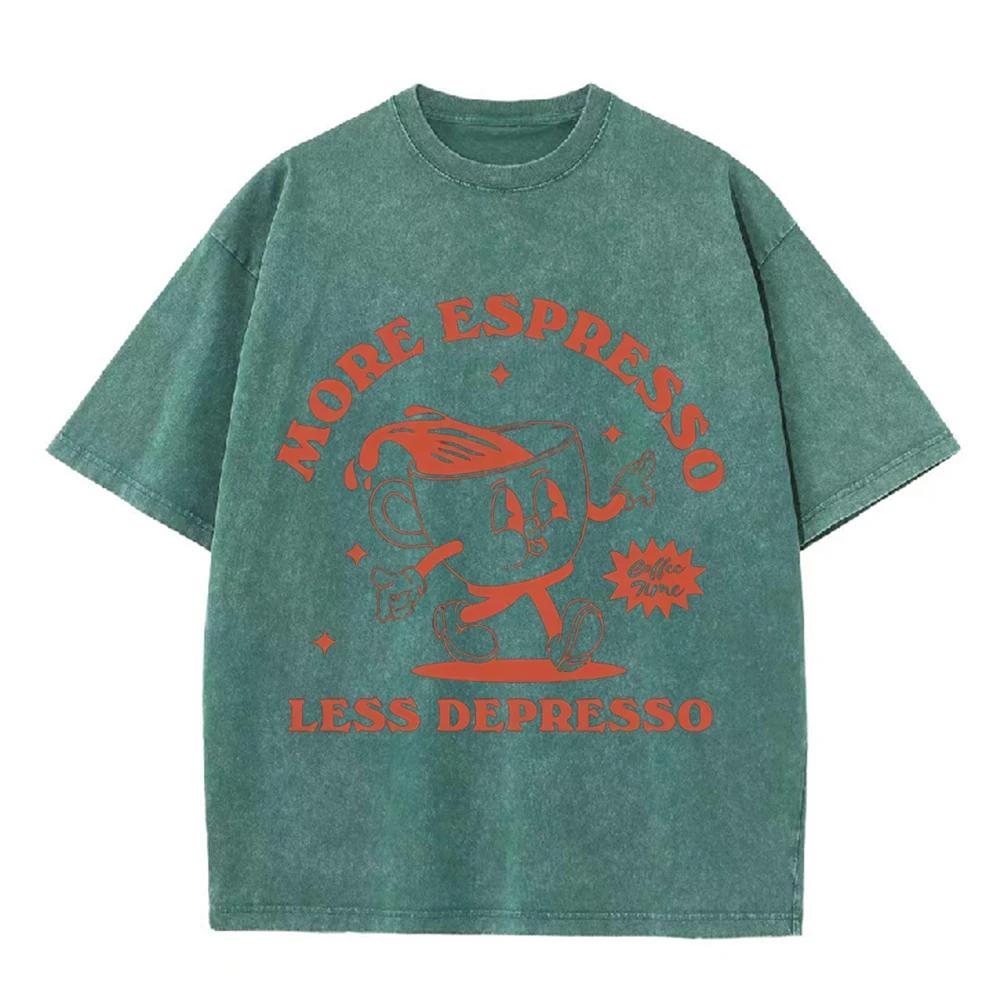2026 More Espresso Less Depresso Vintage Cartoon Coffee Cup Graphic Beige Washed T Shirt Funny Coffee Lover Casual Oversized Uni