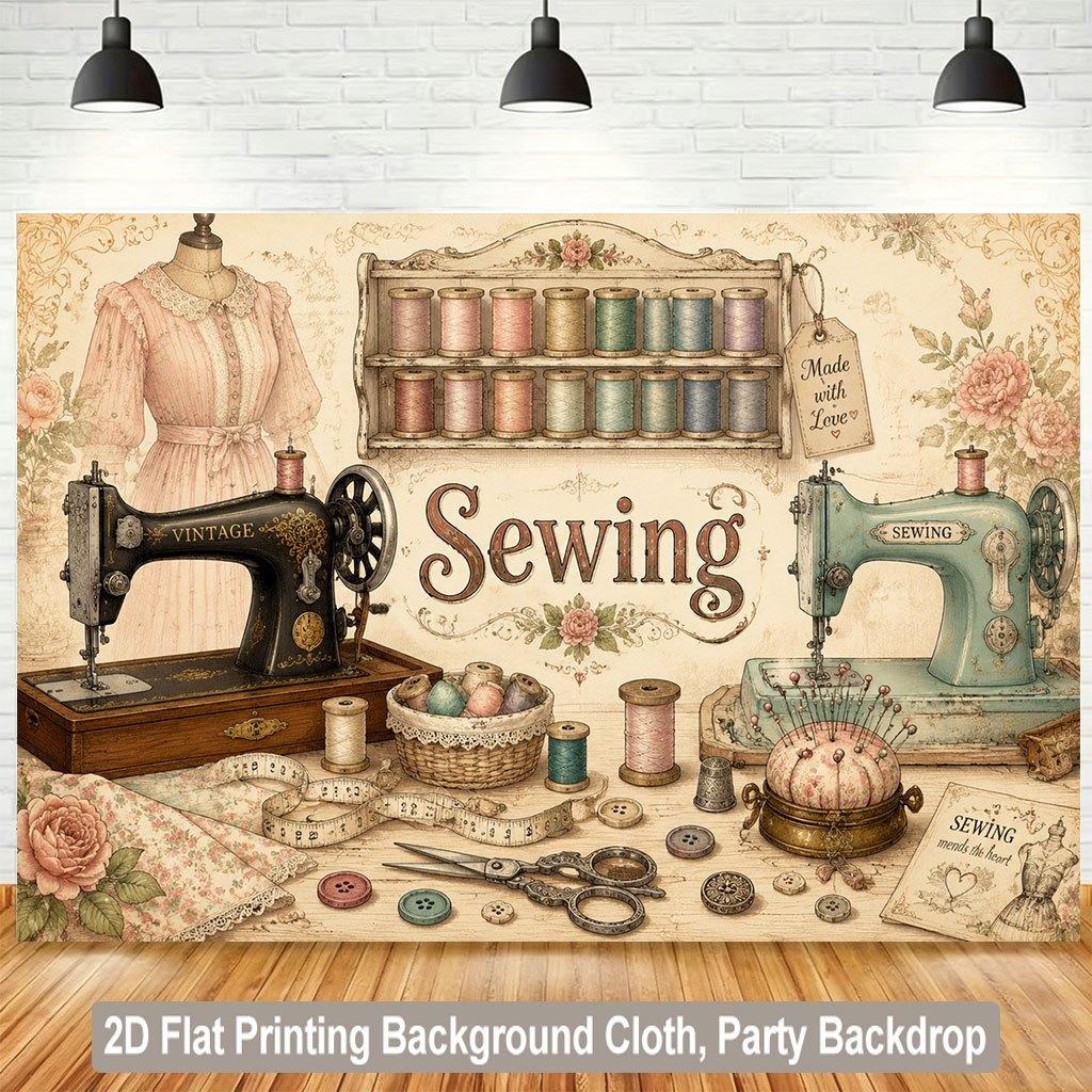 1 Piece of 2D Flat Background Fabric, Vintage Sewing Machine and Related Tools Display Background Banner, Suitable for 2D DJH