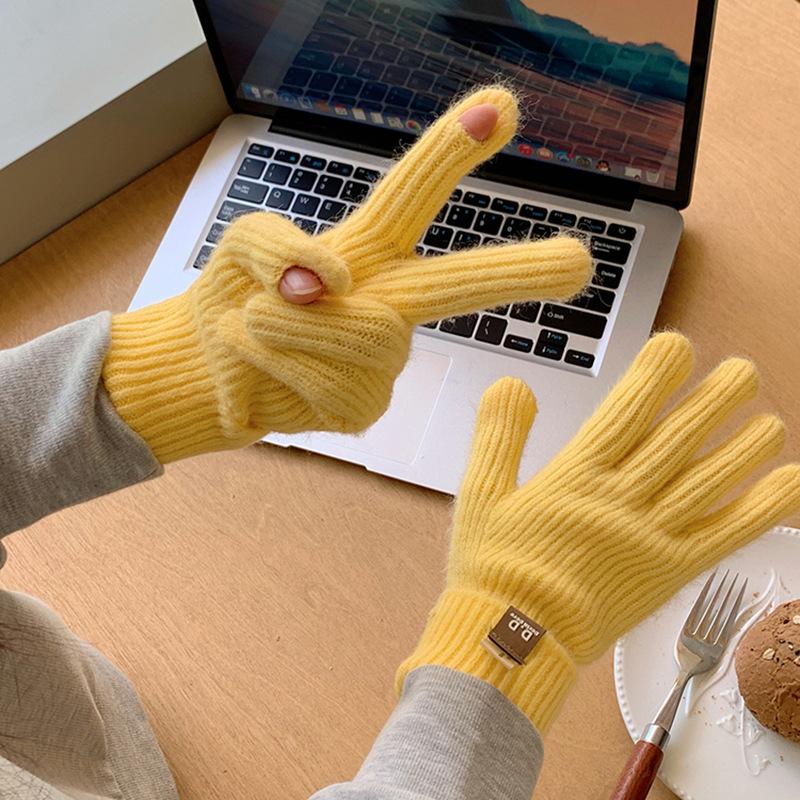 Extended Solid Color Versatile Knitted Gloves Female Student Finger Warm Gloves Male