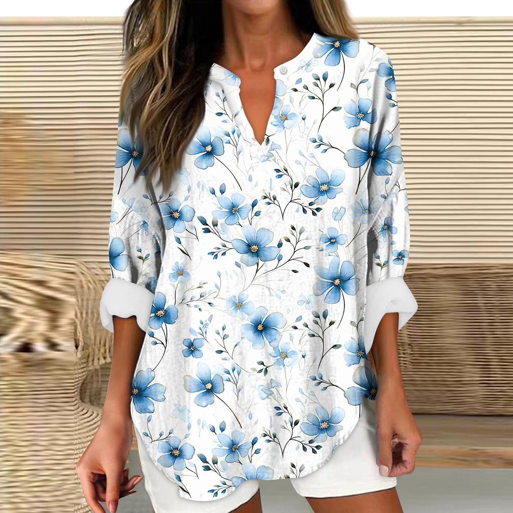 Women's Fashion Casual Printed Drop Shoulder Long Sleeve V-Neck Women's Hemp Tops
