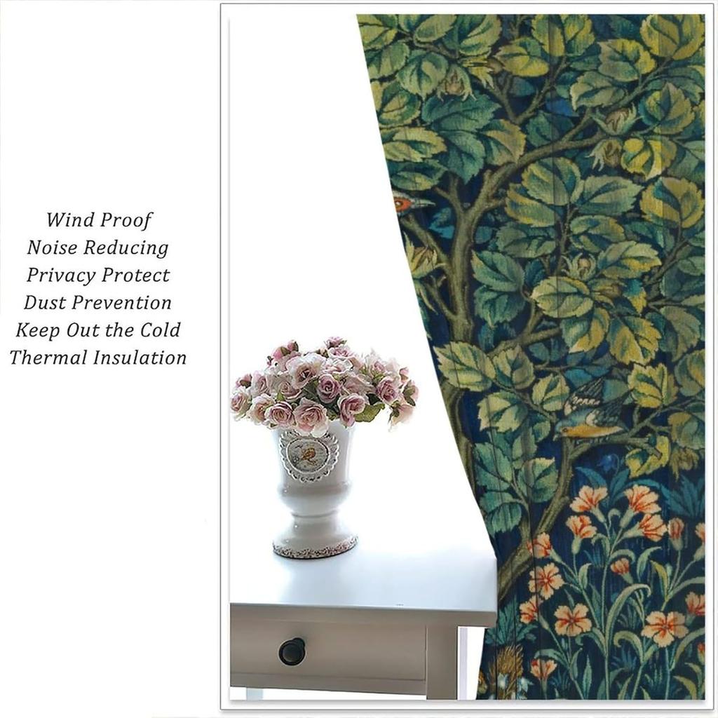 Blackout Vintage William Morris Flower Bird Curtains Retro Plants Red Floral Green Tree Print Window Drapes Bedro Curtain Bohemian Polyester Washable