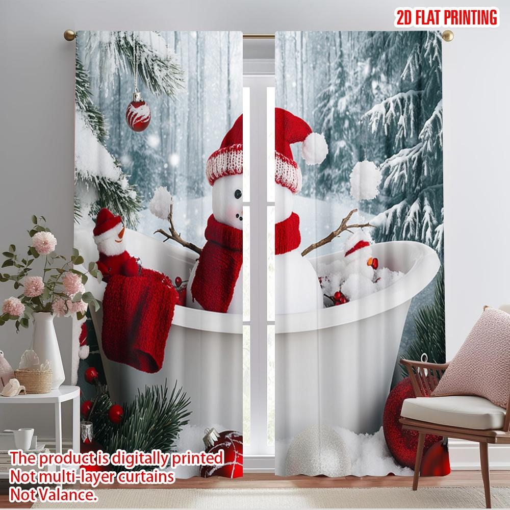 2pcs,2D plane printing Curtains&Window Treatment Cute Snowman Winter Bathing Scene Polyester (without rod) Outdoor Decorations 60×150cm