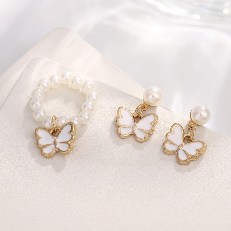 Pearl Butterfly Jewelry Set Oil Drop Butterfly Charm Pearl Bracelet Earrings Necklace Girls Jewelry Set