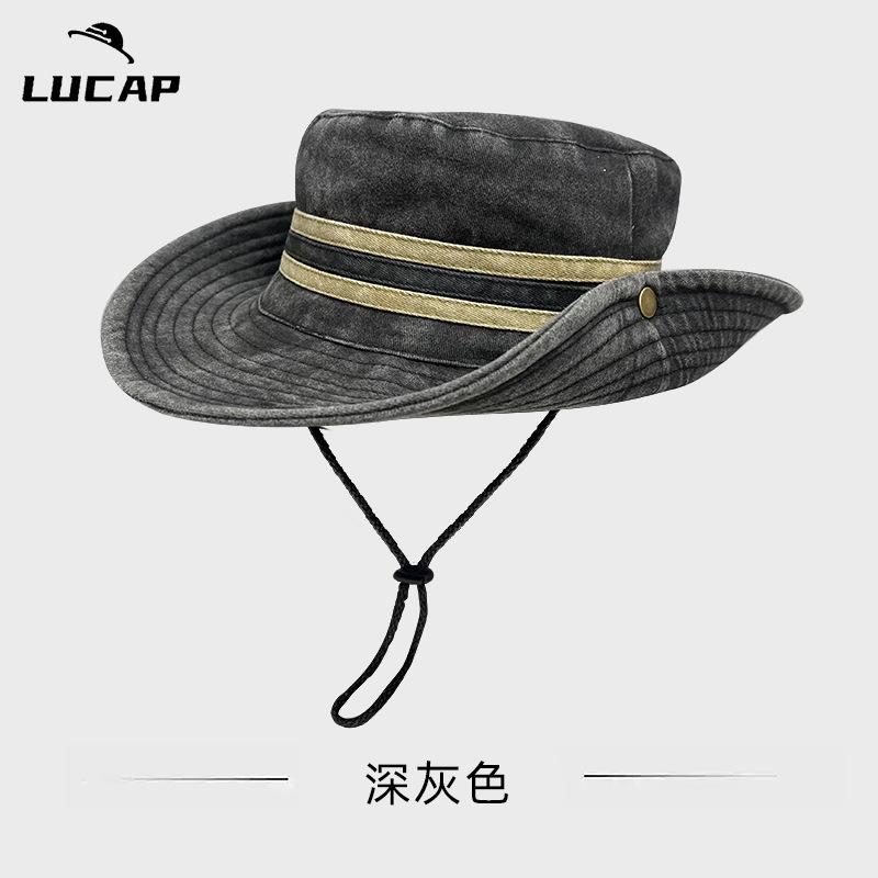 Western Denim Drawstring Bucket Hat Retro Summer Sun Protection Travel Versatile Female Tide Mountaineering Camping Sun Hat Male