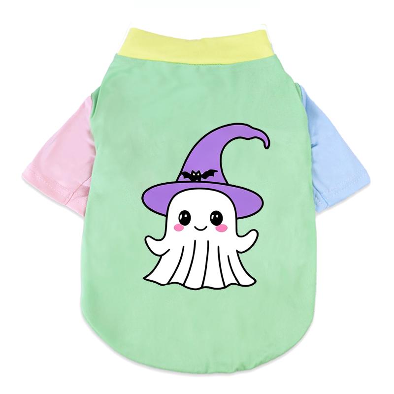Halloween Cute Ghost Print Pet T‑Shirt Cats & Dogs Soft Cotton Clothes Outfit For Bichon French Bulldog Holiday Party Costume