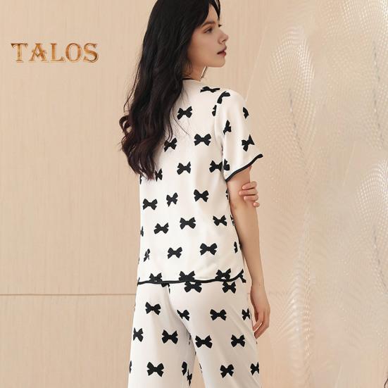 2-teiliges Set Satin-Pyjama mit Schleifendruck, V-Ausschnitt, Button-Down, Langarmhemd in Übergröße, elastische Taille, Hose mit weitem Bein, Homewear, lässiges Outfit, Frühling