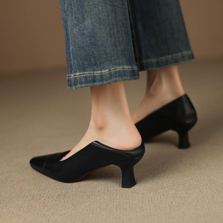 2025 new leather high heels women's cat heel small square head splicing leather shoes soft cowhide not tired feet commuter work shoes
