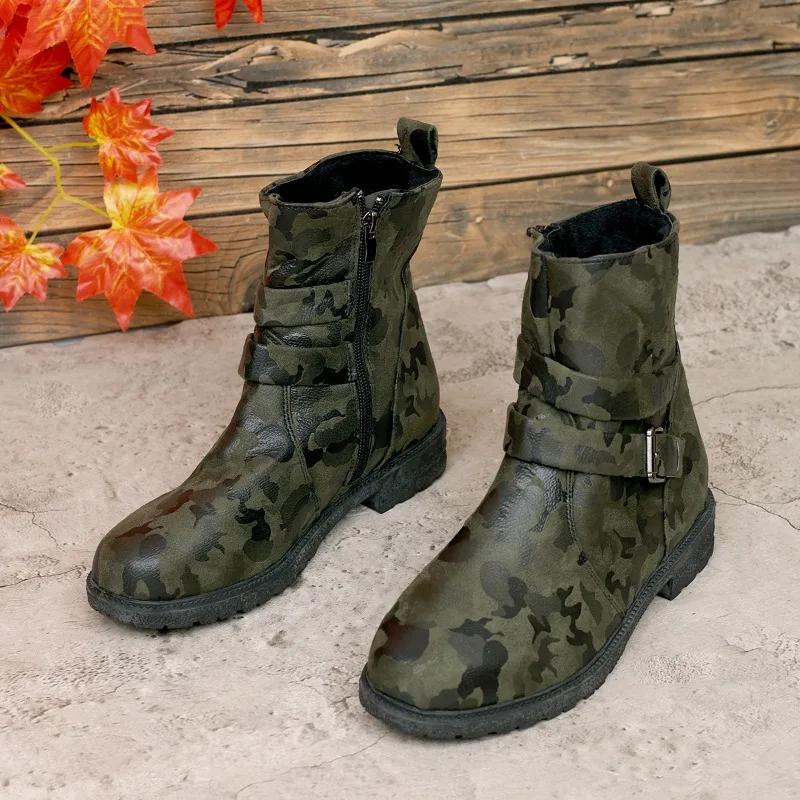 Fashion Size 36-43 Round Toe Belt Buckle Side Zipper Med Heels Short Boots Women's Shoes Retro Camouflage Chelsea Boot Botas Mujer