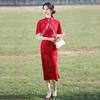 Red Cheongsam Dress With Halter Neckline Modernized Chinese Style Vintage Wedding Guest Gown Women