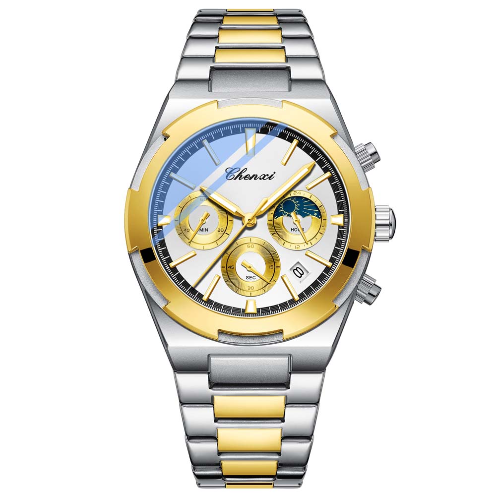 CHENXI Men's Multifunctional Watch with Calendar Moon Phase Chronograph Steel Strap Luminescence Waterproof Reloj Hombre