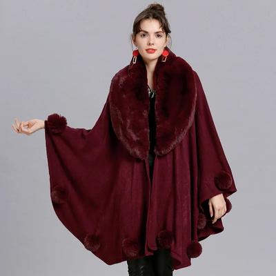 Womens Black Big Pendulum Capes Poncho Winter Fur Ball Shawl Oversized Knitted Sweater Big Faux Fox Fur Neck Cardigan Coat