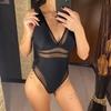 Sexy V-hals mesh ren skjøting Høyt snitt kvinner badedrakt ett stykke badedrakt kvinnelig monokini polstret badedrakt Swim