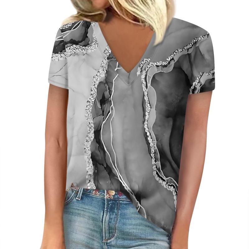 T-shirt women's summer leisure elegant v-neck short sleeves gradient texture pattern top loose casual wear ladies T-shirt