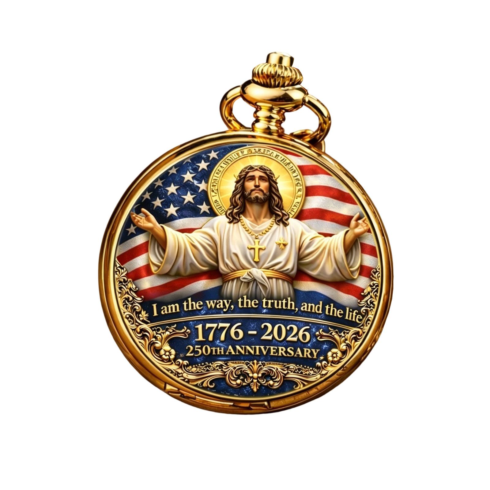 

Patriotic Pocket Watch, Gold Tone US Flag Commemorative Necklace Watch, In We Trust Timepiece For Patriotic Gift & Daily Wear One Size