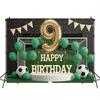 2D Soccer 9th Birthday Backdrop, Football Field Party Background for Boys