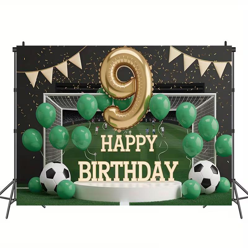 2D Soccer 9th Birthday Backdrop, Football Field Party Background for Boys