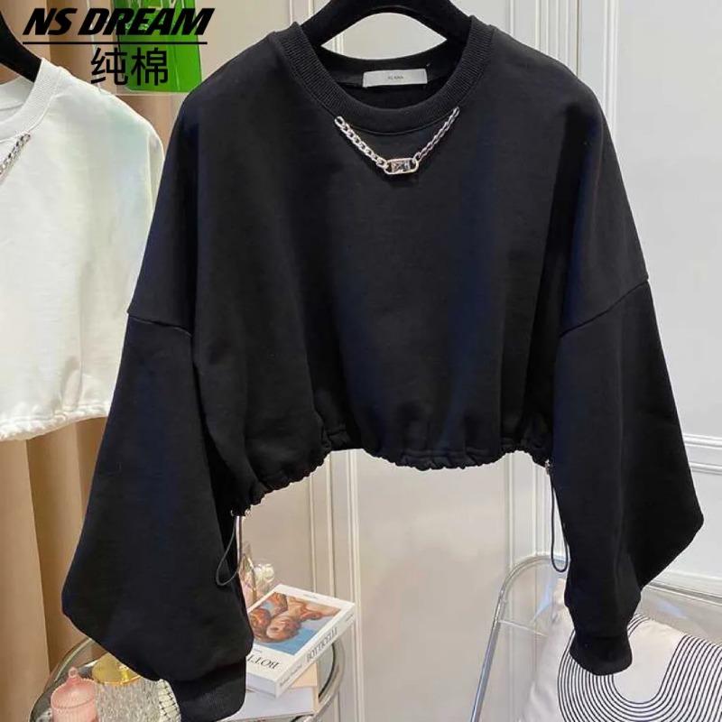 Fashionable Solid Color Sweatshirt Women's Short Autumn Thin Top Korean Style Drawstring Round Neck Versatile Casual Pullover