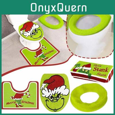 Şenlikli Yeşil Grinch Tuvalet Kapağı ve Paspası Noel Banyo Dekorasyon Seti