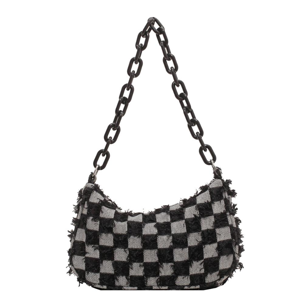 Women Grid Chain Handbag Large Capacity Vintage Denim Shoulder Bag Retro Classic Purse Trendy Bag for Daily Office Use Sling Bag