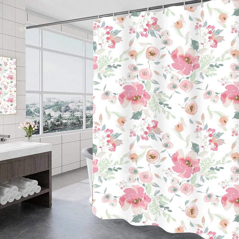 Rose Flowers Shower Curtains Daisy Print Polyester Bath Curtain Modern Waterproof Bathroom Decorative with Plastic Hooks