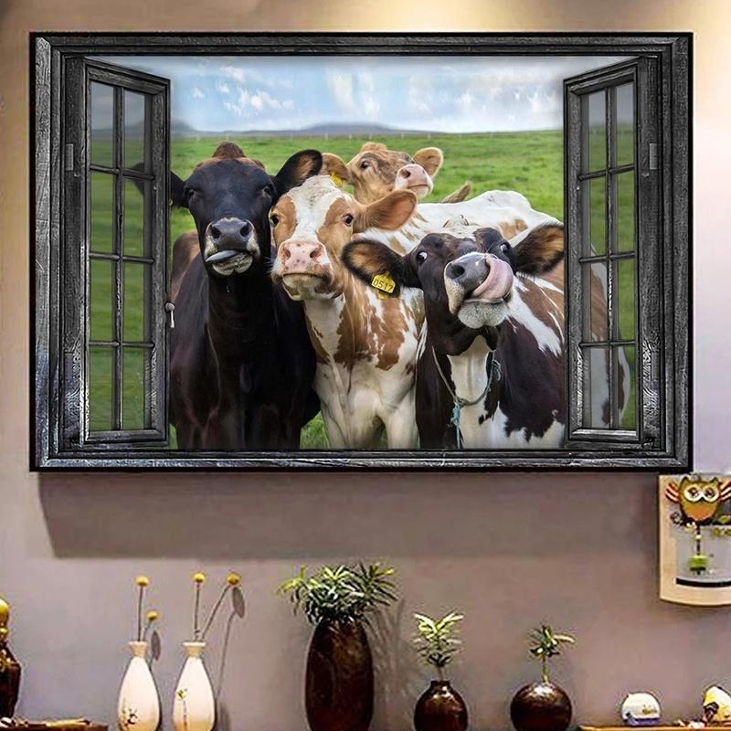 Affiche horizontale de vaches par la fenêtre, Vintage, ferme, images murales d'art, salon, chambre d'enfant, décoration de maison, toile Cuadros