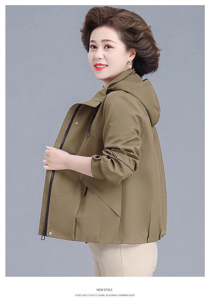 Mom's Spring Hooded Jacket for Mature Women - Solid Color, Loose Fit