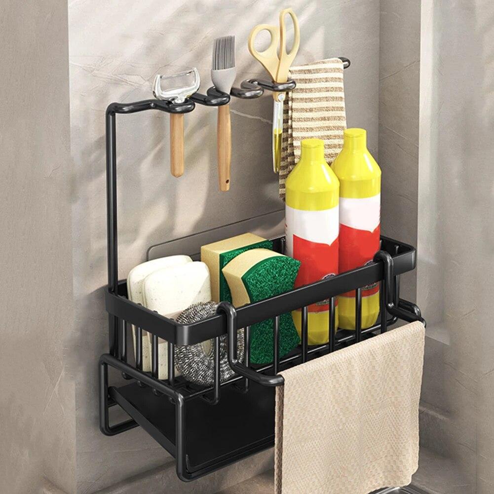 Kitchen Sink Rack Organizer Kitchen Sink Sponge Holder With Self-draining Tray Dish Soap Scrub Dishcloth Shelf Stainless Steel
