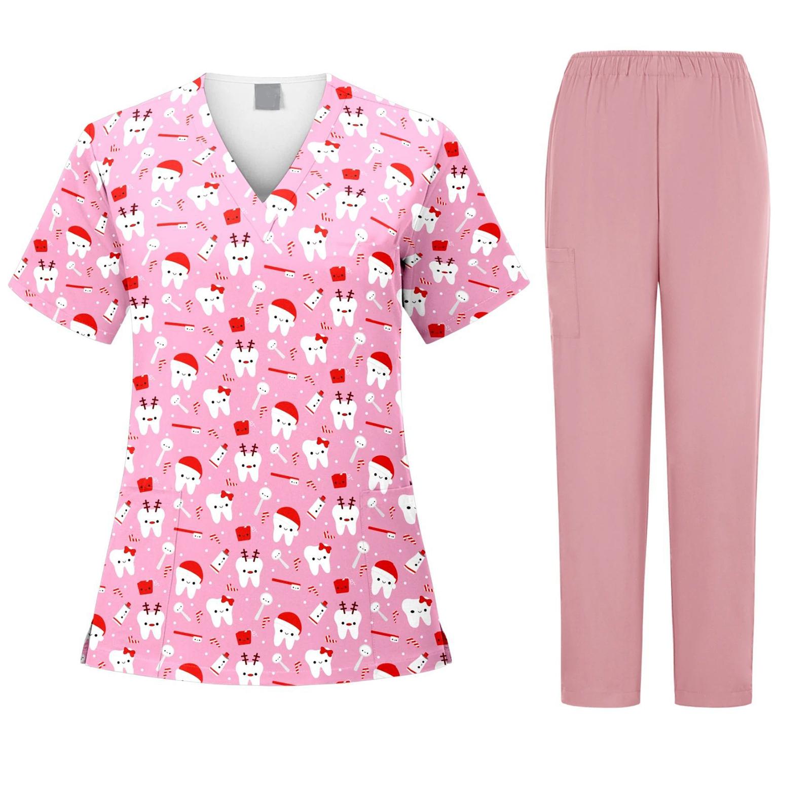 

Ladies Loose And Comfortable V-neck Tooth Pattern Printing Long Sleeved Workwear With Multiple Pockets Suit Set M рожевий