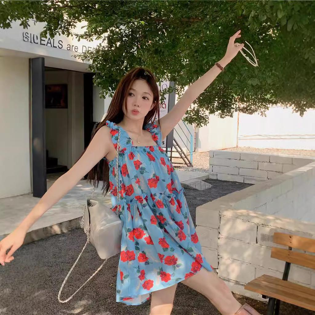 Japanese Vacation Fungus Edge Floral Suspender Dress Women Loose and Thin Tube Top Doll Skirt Beach Skirt