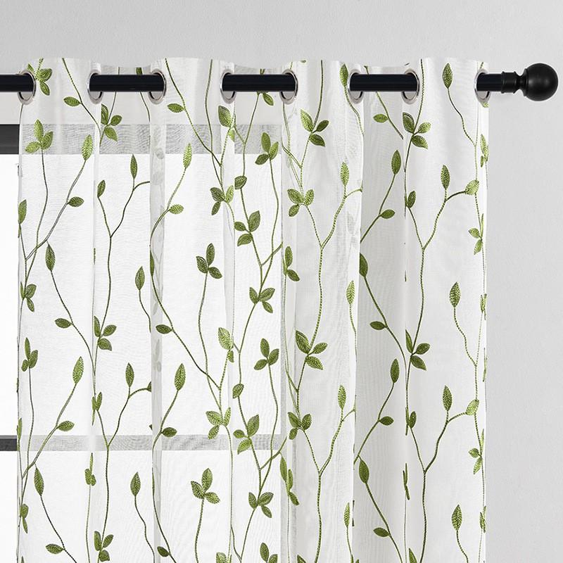 Leaf Embroidered Sheer Curtain Panel Bedroom Living Room Modern Minimalist Light Filtering Window Treatment