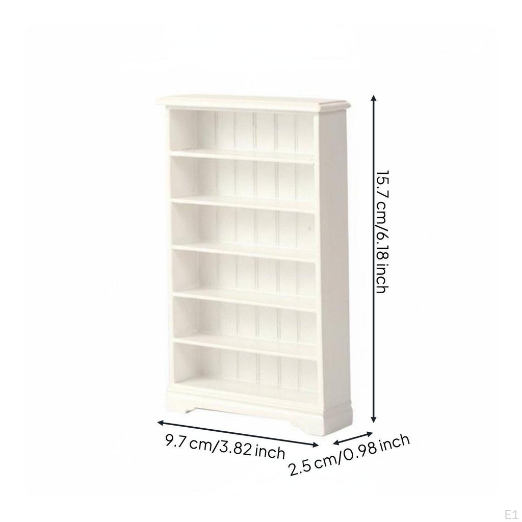 1:12 Scale Wooden Bookshelf Realistic Design 6Shelf Miniature Cabinet Paintable Dollhouse Bookcase