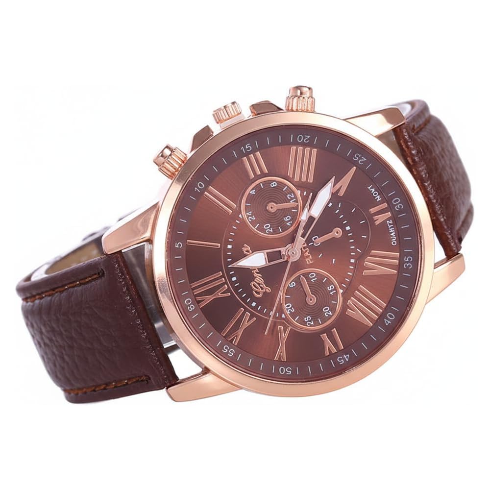 ZooooM Analog Quartz Watch Brown Round Face Faux Leather Strap Chronograph Casual Business Formal